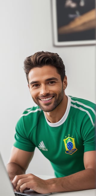 A striking, well-lit photograph of a charismatic Brazilian man exuding warmth and friendliness as he sits in his pristine, white-walled office. He is dressed in a vibrant green mikiny, accentuating his athletic physique. The man's smile is infectious, drawing the viewer into his world. The stark white background highlights his attire and emphasizes the brightness of his personality.
