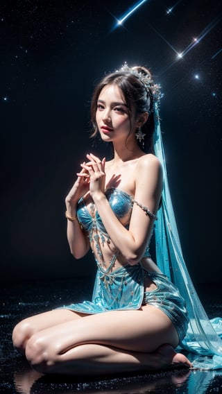top quality,masterpiece:1.2,Detailed details,She is wearing a girl with a glittery complex transparent colored dress,dress,Beautiful young goddess,A gentle smile,She clasped her hands together,Prayer and meditation,Sitting on the lotus,Twinkling stars in the blue night sky,In a fantastic atmosphere,Feeling as if you are one with the universe,Practical,Neon,(Liquid light background),(Ultra HD, masterpiece, precise, Anatomically correct, textured skin, Super Detail, High Detail, The award-winning, best quality, 8k)