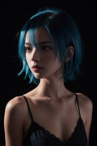 teenage girl, blue hair, dark background, dramatic light