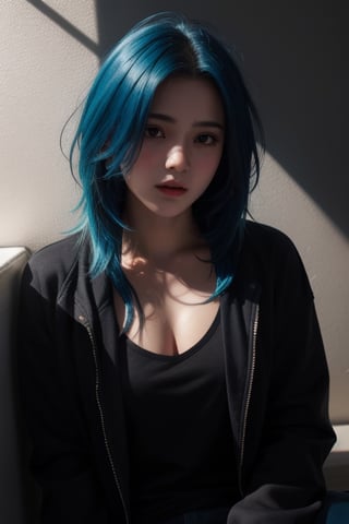 teenage girl, blue hair, dark background, dramatic light