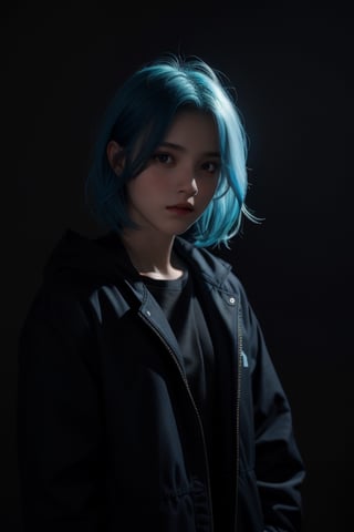 teenage girl, blue hair, dark background, dramatic light