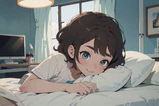 In a warm, softly lit hospital room, a girl with long, flowing brown curly hair visits her partner. She wears a mask, her eyes filled with concern and love. a boy,He lies in a hospital bed with short hair and bangs that cover his eyebrows. Her presence brings him comfort and joy, despite his illness.