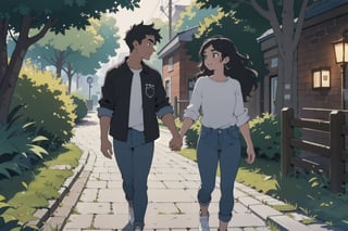 Softly lit university campus under moonlight, with long shadows stretching across the scene. A free-spirited girl with flowing locks and enamored expression walks hand in hand with her besotted partner. She wears long jeans, complementing his casual shirt and shorts combo. His curly black hair and prominent eyebrows are highlighted by streetlamps' gentle glow. The couple is framed amidst lush greenery and red brick walkways, strolling through the picturesque collegiate atmosphere.