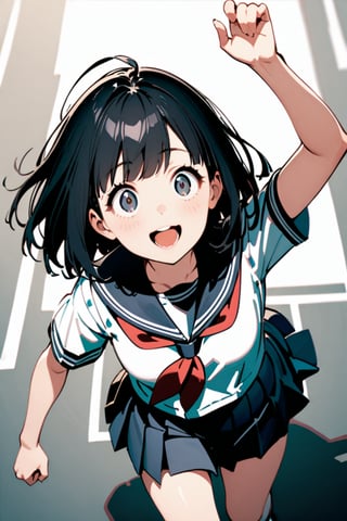 from front, from above, cowboy shot, looking up, a girl, running, arm up, smile, blunt cut, black hair, school uniform,scta