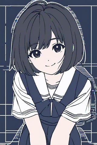 from front, portrait, look at viewer, a girl, sitting, smile, short hair, black hair, school uniform, short sleeve shirt, dark blue skirt, line art,