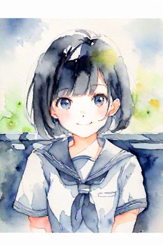 from front, portrait, look at viewer, a girl, sitting, smile, short hair, black hair, school uniform, short sleeve shirt, dark blue skirt, watercolor,