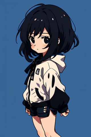1 girl, from side,face, anime,
black eyes, black hair,
Shorts, gray-blue background,
Black hoodie, long sleeves, tech wear,