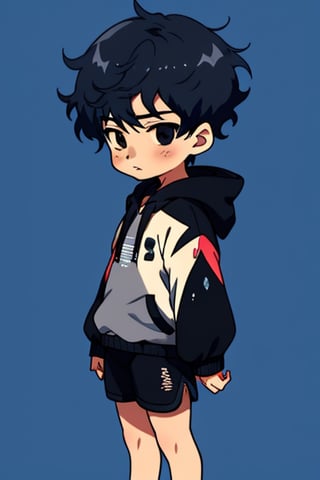 1 boy, from side,face, anime,
black eyes, black hair,
Shorts, gray-blue background,
Black hoodie, long sleeves, tech wear,