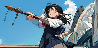 wizard, with a staff, simple_background, blue background, from side, from below, portrait, looking up, female child, standing, arm up, long hair, black hair, school uniform, short sleeve shirt, skirt,