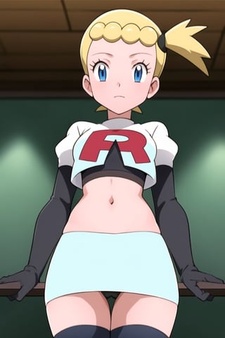 Team Rocket, cropped jacket, white jacket, crop top, jacket, gloves, black gloves, elbow gloves, navel, midriff, white skirt, miniskirt, skirt, black thighhighs, looking down at viewer,(intricately detailed, hyperdetailed), blurry background,depth of field, best quality, masterpiece, intricate details, tonemapping, sharp focus, hyper detailed, trending on Artstation,1 girl, high res, official art,hands on hps,black panties,Bonnie,1girl,bonnie,short hair,BLONDE,side ponytail,blue eyes,eyelashes