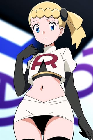 Team Rocket, cropped jacket, white jacket, crop top, jacket, gloves, black gloves, elbow gloves, navel, midriff, white skirt, miniskirt, skirt, black thighhighs, looking down at viewer,(intricately detailed, hyperdetailed), blurry background,depth of field, best quality, masterpiece, intricate details, tonemapping, sharp focus, hyper detailed, trending on Artstation,1 girl, high res, official art,hands on hps,black panties,Bonnie,1girl,bonnie,short hair,BLONDE,side ponytail,blue eyes,eyelashes