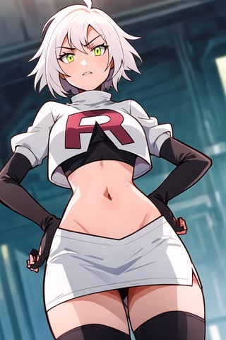 Team Rocket, cropped jacket, white jacket, crop top, jacket, gloves, black gloves, elbow gloves, navel, midriff, white skirt, miniskirt, skirt, thighhighs,looking down at viewer, (intricately detailed, hyperdetailed), blurry background,depth of field, best quality, masterpiece, intricate details, tonemapping, sharp focus, hyper detailed, trending on Artstation,1 girl, high res, official art,hands on hips, glaring angrily,Fie Claussell, white hair,dutch angle,from below