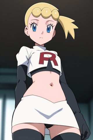 Team Rocket, cropped jacket, white jacket, crop top, jacket, gloves, black gloves, elbow gloves, navel, midriff, white skirt, miniskirt, skirt, black thighhighs, looking down at viewer,(intricately detailed, hyperdetailed), blurry background,depth of field, best quality, masterpiece, intricate details, tonemapping, sharp focus, hyper detailed, trending on Artstation,1 girl, high res, official art,hands on hps,black panties,Bonnie,1girl,bonnie,short hair,BLONDE,side ponytail,blue eyes,eyelashes