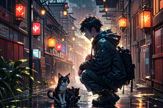 alone, 1 boy, squatting, looking at an orange color  cat, 1 cat, short hair, black hair, long sleeves, jacket, male focus, boots, outdoors, shoes, pants, hood, bag, black footwear, from side, hoodie, profile, night, pants, backpack , hood down, plant, building, backlighting, reflection, rain, city, puddle, Fireflies, bokeh light dust,
//Quality, core_9, score_8_up, score_7_up, masterpiece, best quality, detailmaster2, 8k, 8k UHD, ultra detailed, ultra-high resolution, ultra-high definition,firefliesfireflies, Rainy Day,nodf_lora