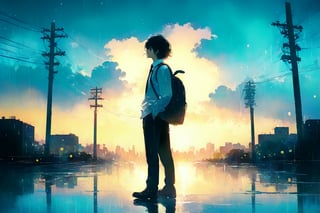 alone, 1 boy, shirt, black hair, long sleeves, school uniform, standing, full body, white shirt, male focus, outdoors, necktie, sky, shoes, collared shirt, pants, cloud, bag, from side, profile, black pants, backpack, cloudy sky, building, reflection, rain, school bag, city, power lines, utility pole, gradient color cloud, Watercolor, bokeh light dust, depth of field,
best quality, 8k, highres, masterpiece, perfect hands, perfect anatomy, The highest image quality, excellent detail, ultra-high resolution, best illustration, attention to detail, exquisite beautiful face, detailed hands, expressive eyes,