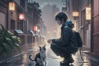 alone, 1 boy, squatting, looking at a cat, short hair, black hair, long sleeves, jacket, male focus, boots, outdoors, shoes, pants, hood, bag, black footwear, from side, hoodie, profile, night, pants, backpack , hood down, plant, building, backlighting, reflection, rain, city, puddle, Fireflies, bokeh light dust,
//Quality, core_9, score_8_up, score_7_up, masterpiece, best quality, detailmaster2, 8k, 8k UHD, ultra detailed, ultra-high resolution, ultra-high definition,firefliesfireflies, Rainy Day