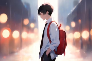 Highly detailed, High Quality, Masterpiece, Beutiful, (Medium long shot) ,anime,1 boy, solo, closed mouth, standing, closed eyes, white shirt, male focus, cowboy shot, necktie, collared shirt, pants, bag, blurry, profile, backpack, black necktie, rain, hands in pockets, bokeh light dust, depth of field, watercolor,Flat Design