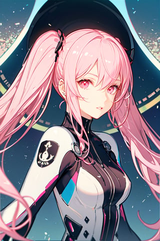 1girl, solo, long hair, breasts, looking at viewer, bangs, twintails, medium breasts, upper body, pink hair, white hair, multicolored hair, parted lips, pink eyes, bodysuit, low twintails, science fiction