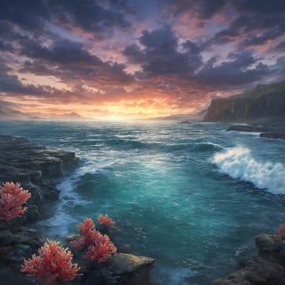 A serene lake at dawn, capturing the tranquil beauty of water, with soft morning light reflecting off the calm surface. A stormy ocean scene, showcasing the raw power of waves crashing against rugged cliffs under a dramatic sky. A mystical water elemental creature, gracefully moving through an underwater world filled with vibrant coral reefs and diverse marine life.