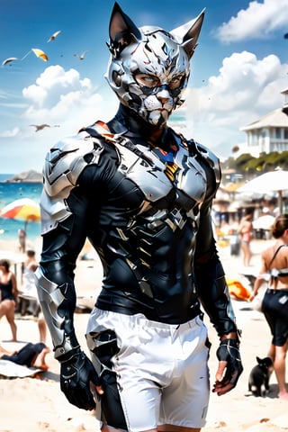 (1 masculine man, realistic, cat mask, man's ear covering, tech cat ears, dark and silver tones, perfect eye, covering mouse ),
(upper body,  man focus, abs full bodysuit),
(lower body, white shorts ),
( blurry background, beach ),
 standing, more detail XL, aeggernawt,jaeggernawt