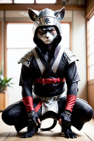 1 young man, masculine, fit, wearing an hat with silver tones, ninja, cat ear, cat whiskers mask, man's ear and mouse.
in upper body, man focus, abs full bodysuit, glass shiny style.
in lower body, japan style fundoshi , kneeling in the traditional Japanese style, ninja tabi shoes.
blurry background, room, perfect hand, realistic, more detail XL,More Reasonable Details,Ninja,penisoveroneeye,perfecteyes