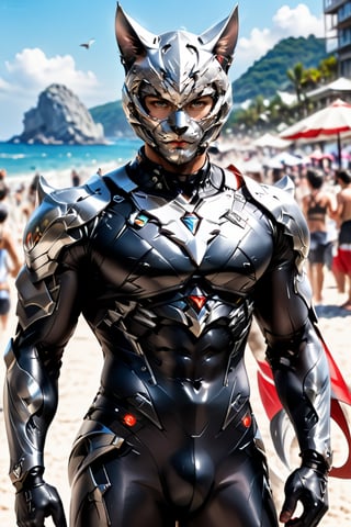 (1man, realistic, short hair, short stubble, fit body, silver kitty style face mask with big whiskers, tech cat ears, dark tones, perfect face )
(upper body,  man focus, abs bodysuit),
(translucent skirt ),
( blurry background, beach ),
 standing, more detail XL, aeggernawt