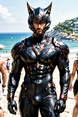 (1 masculine man, realistic, wearing a dark cat-shaped helmet, with only his eyes )
(upper body,  man focus, abs bodysuit),
(lower body, lady pleated skirt ),
( blurry background, beach ),
 standing, more detail XL, aeggernawt
