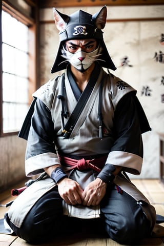 1 male model, rugged, low-key, masculine, fit, wearing an hat with silver tones, ninja, cat ear, cat whiskers mask, man's ear and mouse.
man focus, top part of a uniforms and lower part of a hakama, samurai kneeling, ninja tabi fabric shoes.
blurry background, room, perfect hand, realistic, more detail XL,More Reasonable Details,Ninja,penisoveroneeye,perfecteyes