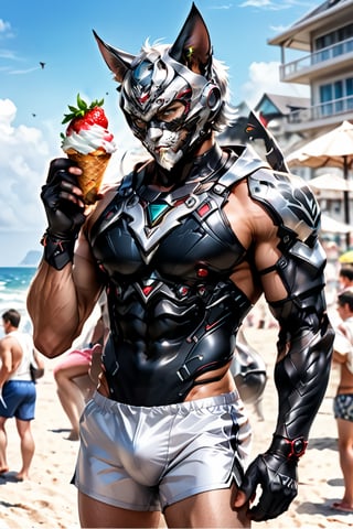 (1 masculine man, realistic, cat mask, man's ear covering, tech cat ears, dark and silver tones, perfect eye), he holds a strawberry ice cream in his right hand,
(upper body,  man focus, abs bodysuit),
(lower body, ocean beach shorts ),
( blurry background, beach ),
 standing, more detail XL, aeggernawt,jaeggernawt