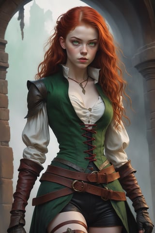 Resembling a digital painting or concept art in the style of Gerald Brom
BREAK score_9, score_8_up, ultra sharp detail, ultra realistic
BREAK (full body view), looking at viewer
BREAK Solo female, 20 year old woman, with red hair and  green eyes. Her facial features resemble Sadie Sink
BREAK (((Full body)))
BREAK dressed and equiped like a medieval rogue