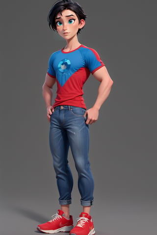male,teenager, 18, full_body, large crotch_bulge, :}, black hair, blue eyes, strong athletic body, buff body, masculine,3d toon style,disney pixar style, red tshirt, blue jeans, red tennis_shoes,<lora:659095807385103906:1.0>