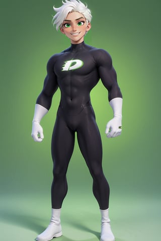 male,teenager, 18, full_body, ((big crotch_bulge)), ((big bulge)) ((Mischievous smile)), white hair, green eyes, strong athletic body, buff body,DannyPhantom, masculine,3d toon style, black bodysuit, long white gloves, (rediculous_fit), powerfule pose,<lora:659095807385103906:1.0>