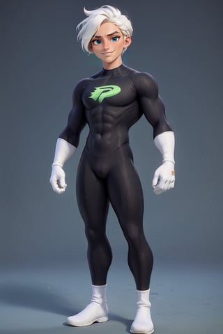 male,teenager, 18, full_body, ((big crotch_bulge)), ((big bulge)) ((Mischievous smile)), white hair, green eyes, strong athletic body, buff body,DannyPhantom, masculine,3d toon style,disney pixar style, black bodysuit, long white gloves, (rediculous_fit), powerfule pose,<lora:659095807385103906:1.0>
