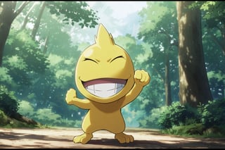 (((onsokumaru))),    in the forest, 

solo, smile, standing, full body, closed eyes, outdoors, day, grin, tree, pokemon \(creature\), no humans, letterboxed, nature, forest, bush,