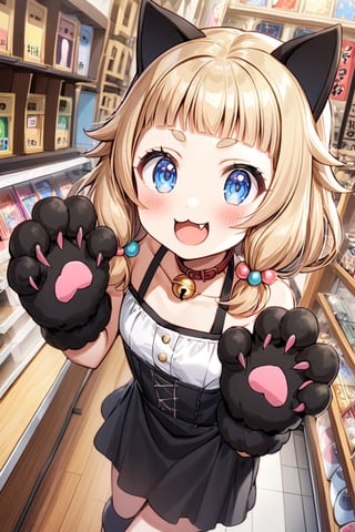 sakura nene, 1girl, solo, looking at viewer, blush, smile, short hair, open mouth, ((bangs)), blue eyes, blonde hair, brown hair, shirt, hair ornament, twintails, , collarbone, :d, toothy grin, blunt bangs,  hair bobbles , 

in the dagashi shop,

 smiling eyebrows, :3, bend the body to the right, arms up,

The camera angle is slightly tilted, adding dynamic movement to the shot, shot from above, looking at viewer,

black dress, sleeveless, bare shoulders, black paw gloves with claws, fang, black cat ears, cat collar, bell, jingle bell, neck bell, ,Mary_Shoph_Babe,tenjinbashisuji