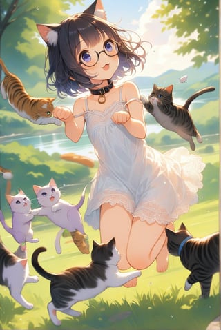 beautiful details, uniform 8K wallpaper, high resolution, exquisite texture in every detail,  beautiful illustration,manga touch

1girl, (((very young girl))), shyness,
summer, japanese countryside, in lakeside,
white Summer-like camisole dress , blue line ribbon, lots of lace,

((nekomimi)),Cat ears the same color as her hair,
short hair, open mouth, (glasses), round eyes, cat collar, , black hair, smile, :3,

in the park, play with cats,
frying,  jumping, fluttering in the wind,

shot angle is slightly tilted, adding dynamic movement to the shot, shot from side and below,
, looking at another, look away, looking at cats,
hands in cat, arms up,


nekomimimeganekao