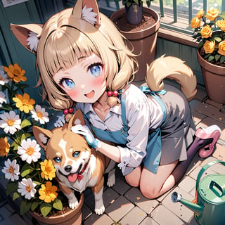 (masterpiece), sakura nene, 1girl, looking at viewer, blush, smile, short hair, open mouth, ((bangs)), blue eyes, blonde hair, brown hair, shirt, hair ornament, twintails, , collarbone, :d, blunt bangs, hair bobbles ,

 , animal, white flower, shirt, animal ears, flower, collared shirt, , socks, , black socks, gloves, , apron, holding, lie on back, , blush, ,tail, yellow flower, pink footwear, white shirt, animal ear fluff, , bird, kneehighs, full body, skirt, rose, potted plant, , watering can, , shoes, grey skirt,

dog on chest, looking at dog, shot from side and above,

score_9,sakura nene,score_8_up,Details,mona,Detailed Masterpiece