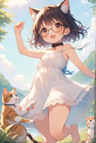 beautiful details, uniform 8K wallpaper, high resolution, exquisite texture in every detail,  beautiful illustration,manga touch

1girl, (((very young girl))), shyness,
summer, japanese countryside, in lakeside,
white Summer-like camisole dress , blue line ribbon, lots of lace,

((nekomimi)),Cat ears the same color as her hair,
short hair, open mouth, (glasses), round eyes, cat collar, , black hair, smile, :3,

in the park, play with cats,
frying,  jumping, fluttering in the wind,

shot angle is slightly tilted, adding dynamic movement to the shot, shot from side and below,
looking at cats, arms up, arm in cat, hand on cat, 


nekomimimeganekao,Deformed
