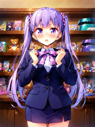(masterpiece), suzukazek aoba, 1girl, long hair, twintails, purple hiar, purple eyes, hair ornament,

 looking at viewer, blush, V-sharped eyebrows, :o, 

 formal,  jaket, skirt suit , neck ribbon, 

standing, standing straight, make clenched hands in front of own slightly below the throat,

in the collection room, display shelves, fancy items, home game consoles, game pads, puzzles, toys, fancy toys, stuffed toys, anime character figures,

shot from front , cowboy shot,

suzukaze aoba,
