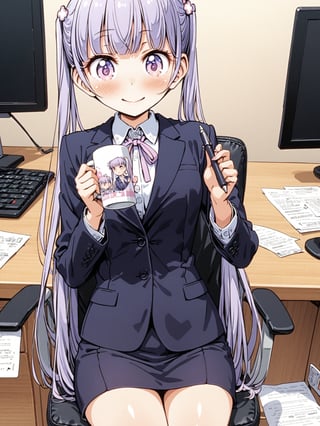 8k, ultra detailed, 
suzukaze aoba, 1girl, long hair, twintails, purple hiar, purple eyes, hair ornament,

blush, smile, :), 

 formal, dark blue jaket, dark blue skirt suit , neck ribbon, shirt,

sit on chair,

hands holding mug,

in the office,
Partitioned work desk behind, 

Pen holder, pen tablet, monitor, paper, pasted notes, thick book, casual pc chair, anime character figure,

looking at viewer, 
shot from front and below, cowboy shot, 

suzukaze aoba,