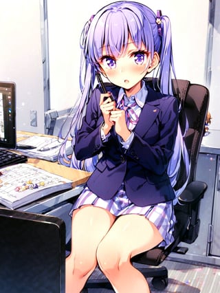 (masterpiece), suzukazek aoba, 1girl, long hair, twintails, purple hiar, purple eyes, hair ornament,

 looking at viewer, blush, V-sharped eyebrows, :o, 

 formal,  jaket, skirt suit , neck ribbon, 

sit on chair,

A box of sweets is on own lap, pick it up and eat stick chocorate with own fingers,

in the office,
Partitioned work desk behind, 

Pen holder, pen tablet, monitor, paper, pasted notes, thick book, chairs with wheels, anime character figure,

shot from front , cowboy shot,

suzukaze aoba,