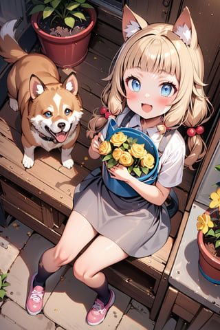 (masterpiece), sakura nene, 1girl, looking at viewer, blush, smile, short hair, open mouth, ((bangs)), blue eyes, blonde hair, brown hair, shirt, hair ornament, twintails, , collarbone, :d, blunt bangs, hair bobbles ,

 , animal, white flower, shirt, animal ears, flower, collared shirt, , socks, , black socks, gloves, , apron, holding, lie on back, , blush, ,tail, yellow flower, pink footwear, white shirt, animal ear fluff, , bird, kneehighs, full body, skirt, rose, potted plant, , watering can, , shoes, grey skirt,

dog on chest, looking at dog, shot from side and above,

score_9,sakura nene,score_8_up,Details,mona,Detailed Masterpiece