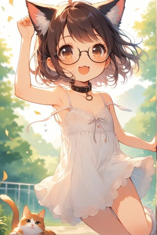 beautiful details, uniform 8K wallpaper, high resolution, exquisite texture in every detail,  beautiful illustration,manga touch

1girl, (((very young girl))), shyness,
summer, japanese countryside, in lakeside,
white Summer-like camisole dress , blue line ribbon, lots of lace,

((nekomimi)),Cat ears the same color as her hair,
short hair, open mouth, (glasses), round eyes, cat collar, , black hair, smile, :3,

in the park, play with cats,
frying,  jumping, fluttering in the wind,

shot angle is slightly tilted, adding dynamic movement to the shot, shot from side and below,
looking at cats, arms up, arm in cat, hand on cat, 
dynamic action,

nekomimimeganekao,Deformed