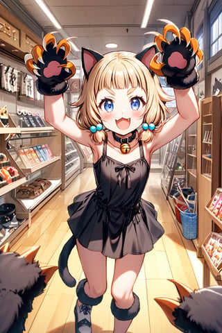 sakura nene, 1girl, solo, looking at viewer, blush, smile, short hair, open mouth, ((bangs)), blue eyes, blonde hair, brown hair, shirt, hair ornament, twintails, , collarbone, :d, toothy grin, blunt bangs,  hair bobbles , 

in the dagashi shop,

 smiling eyebrows, :3, bend the body to the right, arms up,

The camera angle is slightly tilted, adding dynamic movement to the shot, shot from above, looking at viewer,

black dress, sleeveless, bare shoulders, black paw gloves with claws, fang, black cat ears, cat collar, bell, jingle bell, neck bell, ,Mary_Shoph_Babe,tenjinbashisuji
