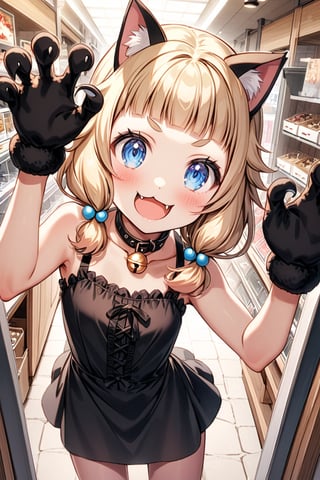 sakura nene, 1girl, solo, looking at viewer, blush, smile, short hair, open mouth, ((bangs)), blue eyes, blonde hair, brown hair, shirt, hair ornament, twintails, , collarbone, :d, toothy grin, blunt bangs,  hair bobbles , 

in the dagashi shop,

 smiling eyebrows, :3, bend the body to the right, arms up,

The camera angle is slightly tilted, adding dynamic movement to the shot, shot from above, looking at viewer,

black dress, sleeveless, bare shoulders, black paw gloves with claws, fang, black cat ears, cat collar, bell, jingle bell, neck bell, ,Mary_Shoph_Babe,tenjinbashisuji, street