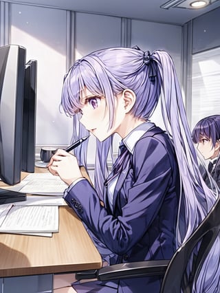 8k, ultra detailed, 
suzukaze aoba, 1girl, long hair, twintails, purple hiar, purple eyes, hair ornament,



formal,  dark blue jaket suit, dark blue skirt suit , neck ribbon, 

sit on chair,

looking at another, V-shaped eyebrows, close eyes, o3o,  look to monitor, monitor showing the game,
hand on pen,

in the office,
Partitioned work desk behind, 

Pen holder, pen tablet, monitor, paper, pasted notes, thick book, casual pc chair, anime character figure, mug, bottle of juice,

shot from side and below, cowboy shot,perfect focus,

suzukaze aoba,