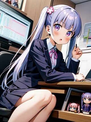 8k, ultra detailed, 
suzukaze aoba, 1girl, long hair, twintails, purple hiar, purple eyes, hair ornament,

 looking at viewer, blush, V-sharped eyebrows, :o, 

 formal,  jaket, skirt suit , neck ribbon, 

sit on chair,

A box of sweets is on own lap, pick it up and eat stick chocorate with own fingers,

in the office,
Partitioned work desk behind, 

Pen holder, pen tablet, monitor, paper, pasted notes, thick book, casual pc chair, anime character figure,

shot from side and below
, cowboy shot,perfect focus,

suzukaze aoba,
