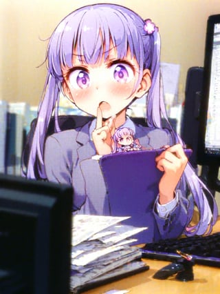 8k, ultra detailed, 
suzukaze aoba, 1girl, long hair, twintails, purple hiar, purple eyes, hair ornament,

 looking at viewer, blush, V-shaped eyebrows, :o, 

 formal,  jaket, skirt suit , neck ribbon, 

sit on chair,

A box of sweets is on own lap, pick it up and eat stick chocorate with own fingers,

in the office,
Partitioned work desk behind, 

Pen holder, pen tablet, monitor, paper, pasted notes, thick book, casual pc chair, anime character figure,

shot from front , cowboy shot,

suzukaze aoba,