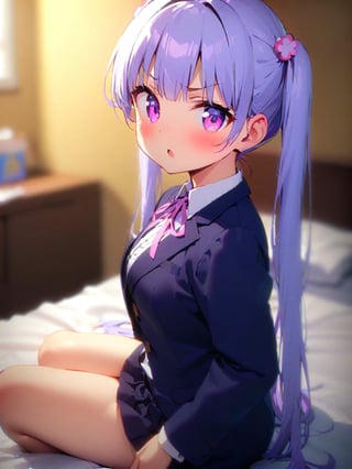 8k, ultra detailed, 
suzukaze aoba, 1girl, long hair, twintails, purple hiar, purple eyes, hair ornament,

looking at viewer, blush, V-shaped eyebrows, :o, 

formal, dark blue jaket, dark blue skirt suit , neck ribbon, shirt,

sit on bed,
M-shaped sitting,
in the bed room,

shot from side and above , cowboy shot,