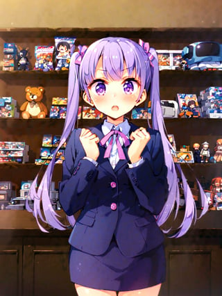 suzukazek aoba, 1girl, long hair, twintails, purple hiar, purple eyes, hair ornament,

 looking at viewer, blush, V-sharped eyebrows, :o, 

 formal,  jaket, skirt suit , neck ribbon, 

standing, standing straight, make clenched hands in front of own slightly below the throat,

in the collection room, display shelves, fancy items, home game consoles, game pads, puzzles, toys, fancy toys, stuffed toys, anime character figures,

shot from front , cowboy shot,

suzukaze aoba,